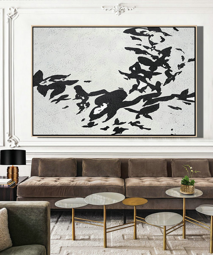 Hand Painted Acrylic Painting,Oversized Horizontal Minimal Art On Canvas, Black And White Minimalist Painting - Huge Abstract Canvas Art